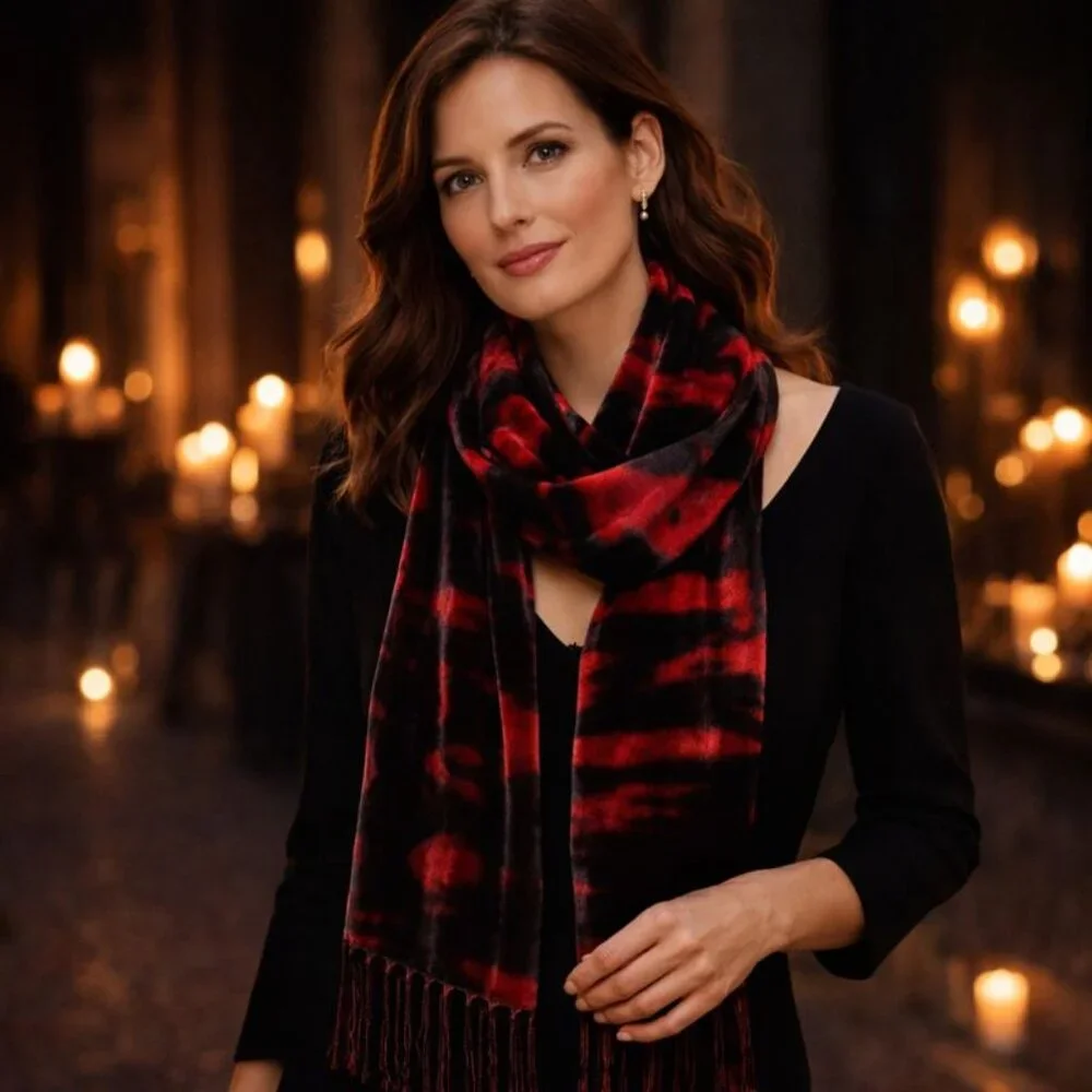 🖤 Crimson & Black Velvet Scarf – Silk Blend | Boutique Evening Luxe